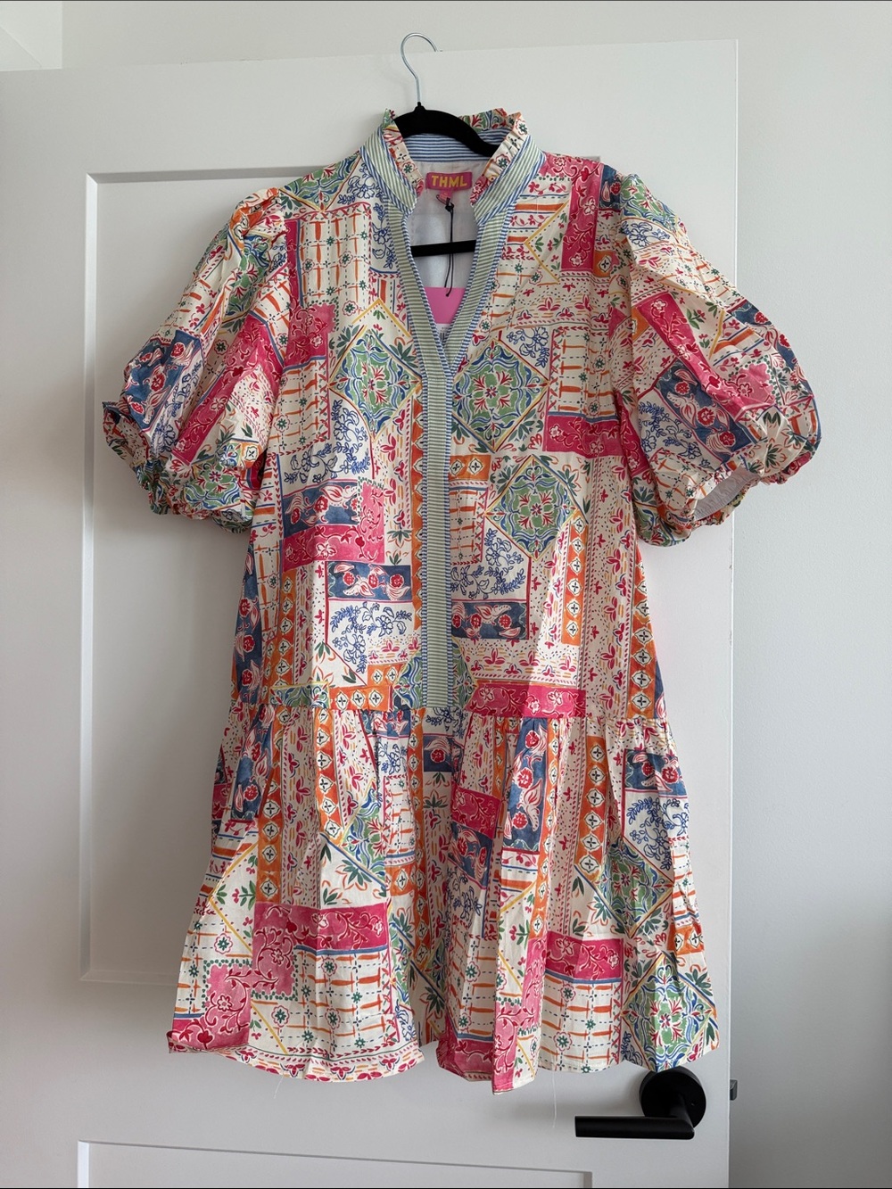 THML Patchwork Floral Tiered Dress in Pink, Blue, Orange - Picture 1 of 4